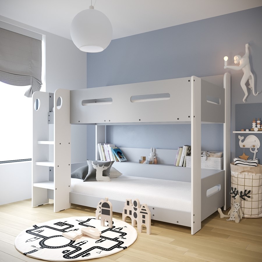 Grey and White Wooden Bunk Bed with Shelves - Sky