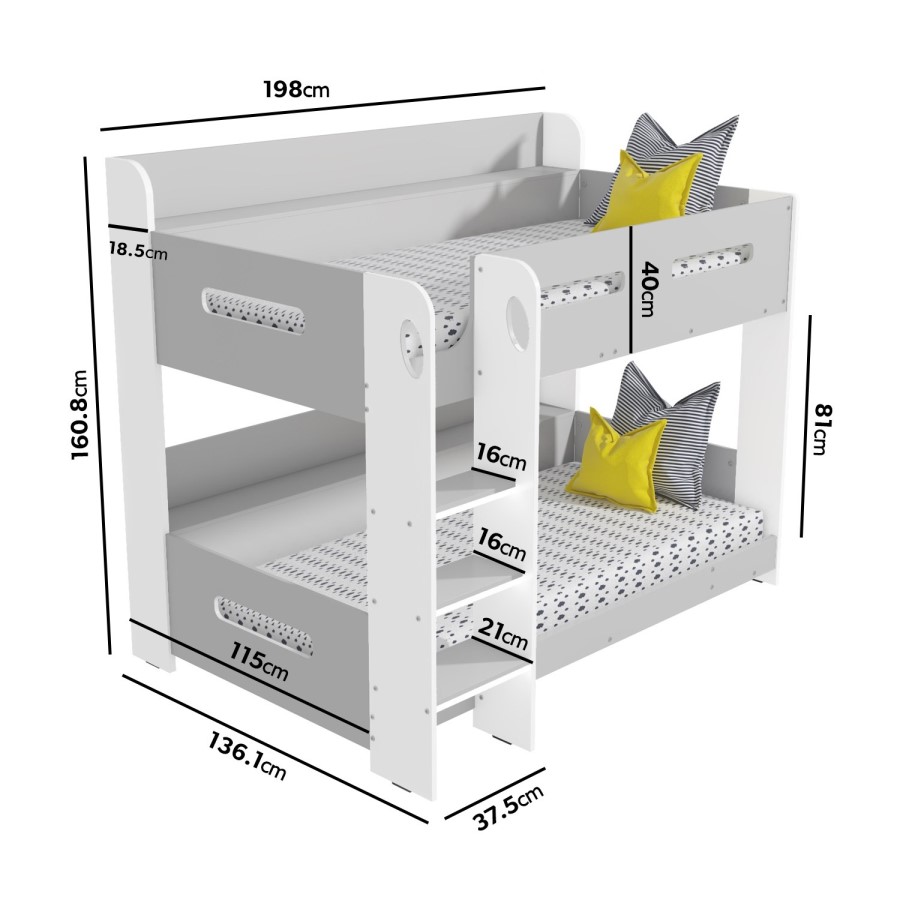 Grey and White Wooden Bunk Bed with Shelves - Sky