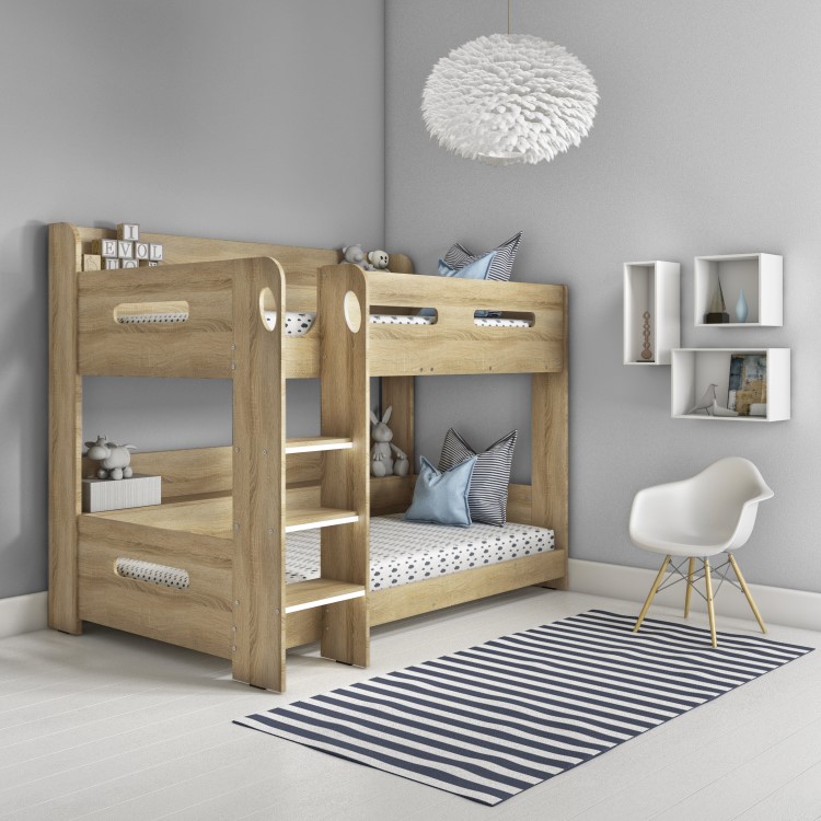 Light Oak Wooden Bunk Bed with Shelves - Sky