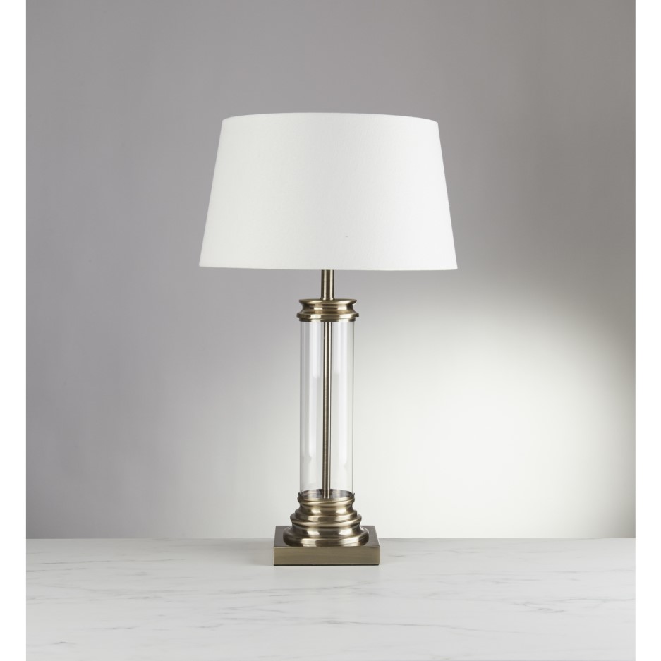 Pedestal Antique Brass Table Lamp with Glass Column & Cream Light Shade ...