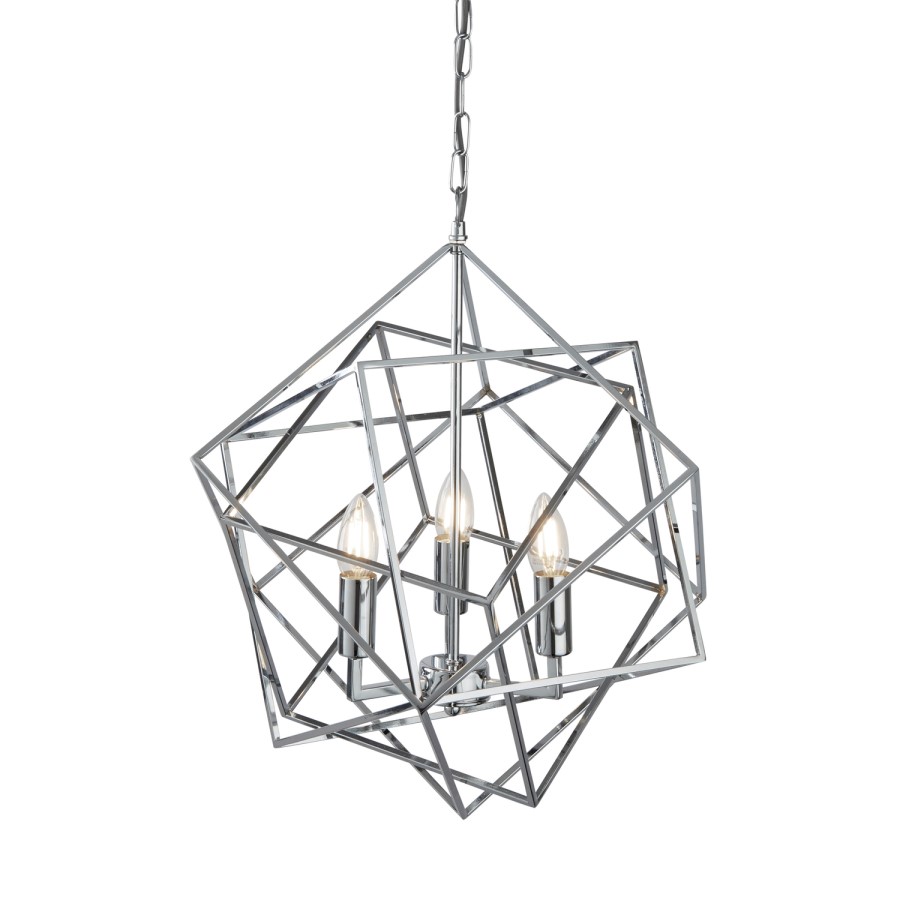GRADE A1 - Cube Geometric Chrome Ceiling Chandelier Light with 3 Candle Lights