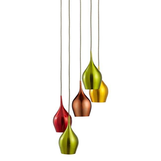 Hanging Lights with 5 Pendants in Red Green Gold & Copper - Vibrant