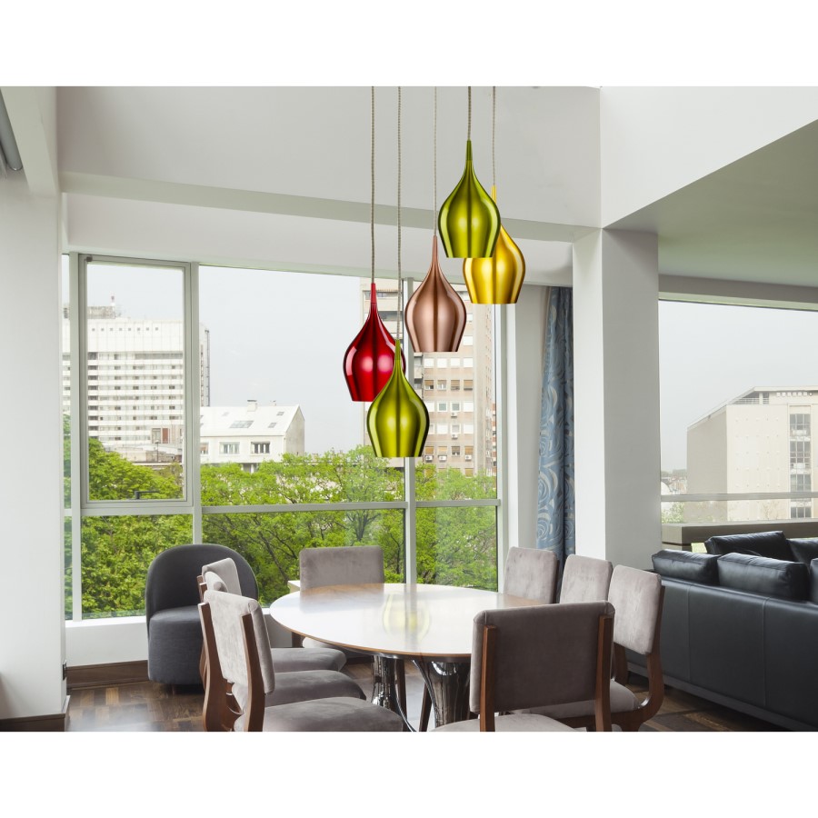 Hanging Lights with 5 Pendants in Red Green Gold & Copper - Vibrant