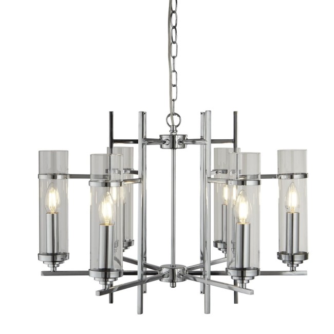 Chandelier in Chrome & Glass with 6 Cylinder Shades - Milco