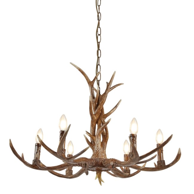 Wooden Chandelier with 6 Candle Lights - Stag/Antler