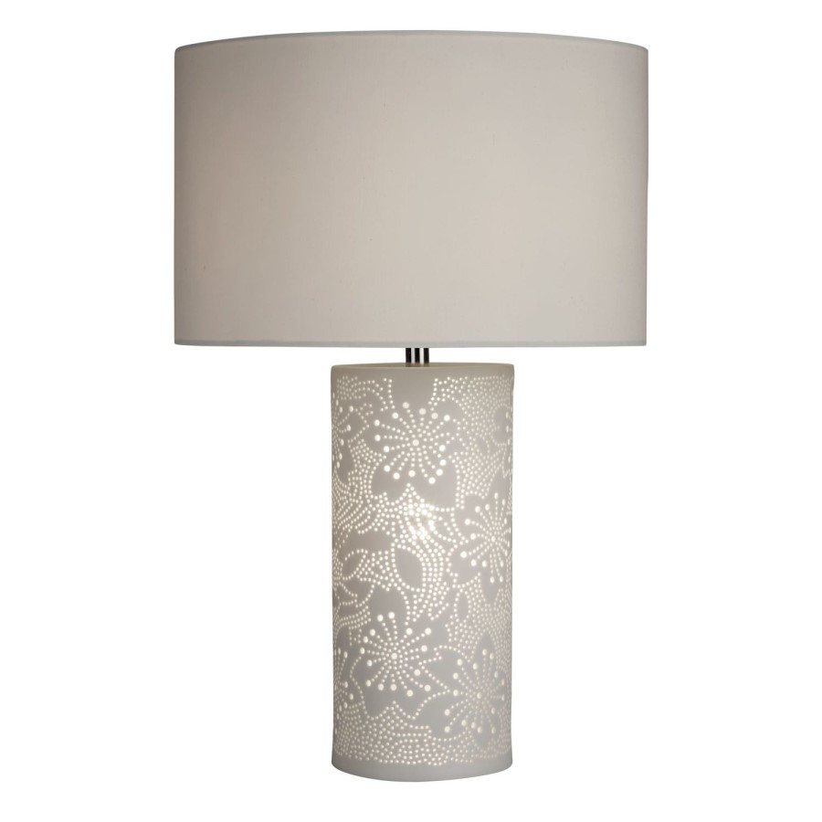 Stencil Flower Patterned White Ceramic Dual Light Table Lamp 