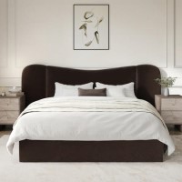 Velvet Double Ottoman Bed with Plush Curved Wide Headboard in Espresso Brown - Samara