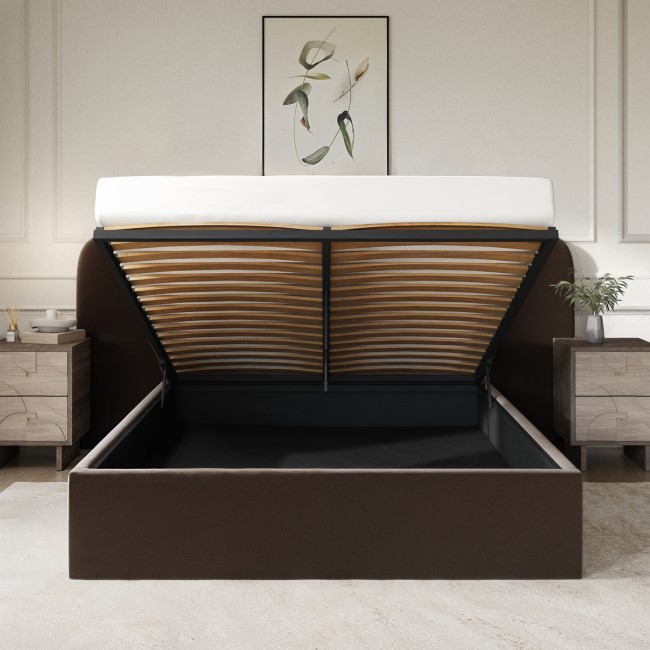 Velvet Double Ottoman Bed with Plush Curved Wide Headboard in Espresso Brown - Samara