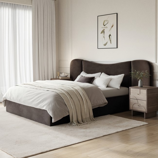 Velvet Double Ottoman Bed with Plush Curved Wide Headboard in Espresso Brown - Samara