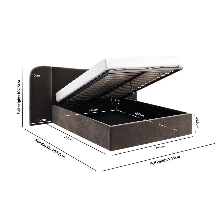 Brown Velvet Double Ottoman Bed with Wide Curved Headboard - Samara