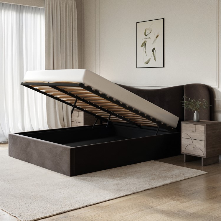 Velvet Double Ottoman Bed with Plush Curved Wide Headboard in Espresso Brown - Samara