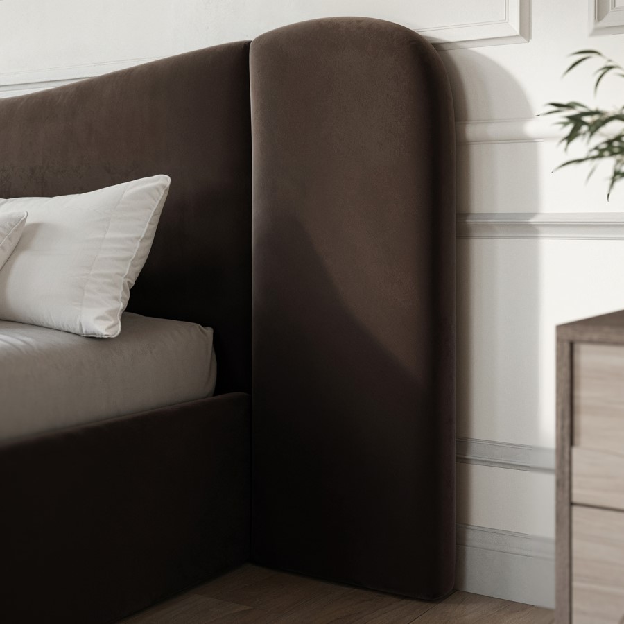 ONLY OPENED - Brown Velvet Double Ottoman Bed with Wide Curved Headboard - Samara