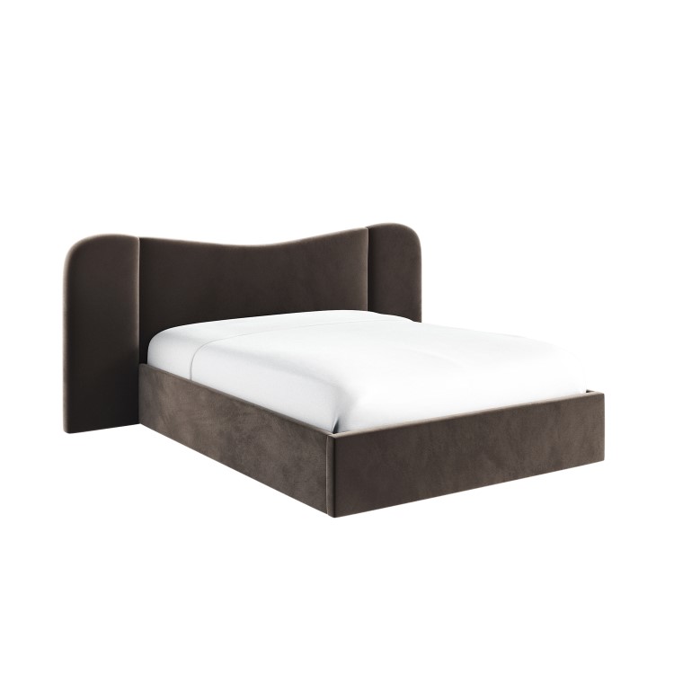 Velvet Double Ottoman Bed with Plush Curved Wide Headboard in Espresso Brown - Samara