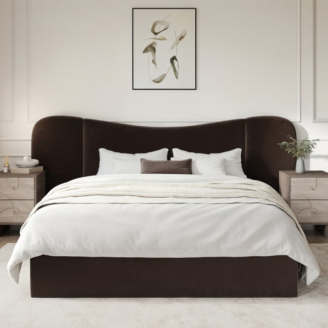 Velvet King Size Ottoman Bed with Plush Curved Wide Headboard in Espresso Brown - Samara