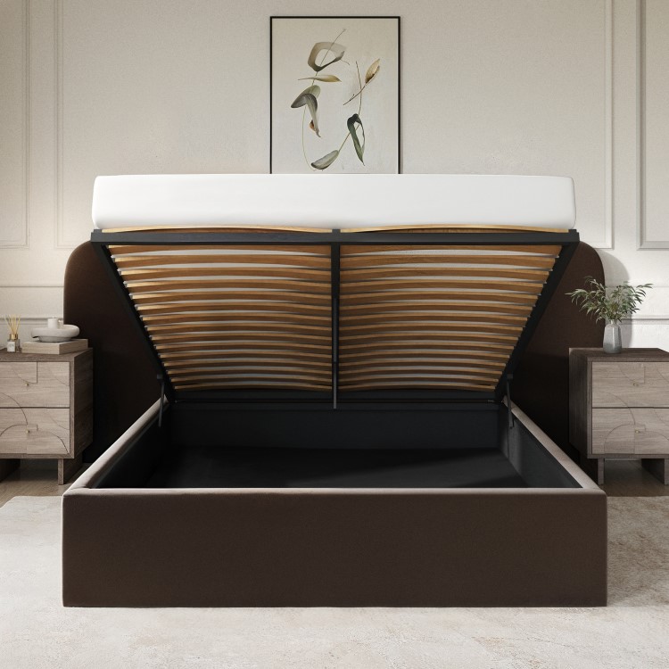 Velvet King Size Ottoman Bed with Plush Curved Wide Headboard in Espresso Brown - Samara