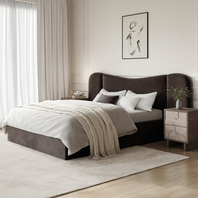 Velvet King Size Ottoman Bed with Plush Curved Wide Headboard in Espresso Brown - Samara