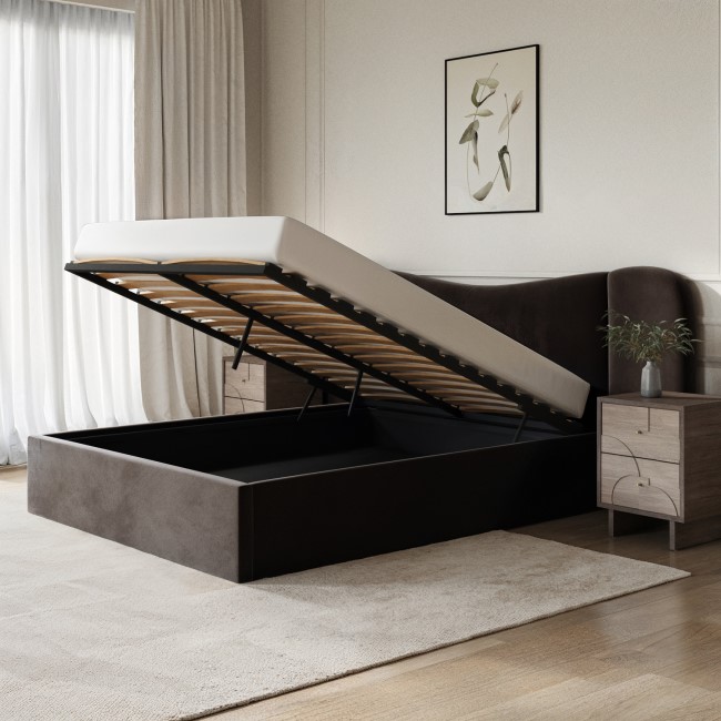 Velvet King Size Ottoman Bed with Plush Curved Wide Headboard in Espresso Brown - Samara