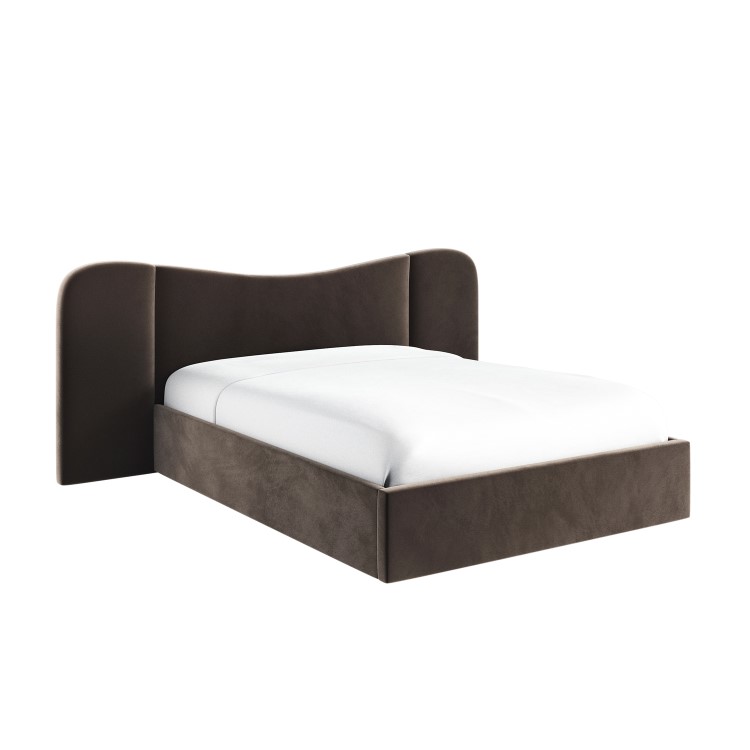 Velvet King Size Ottoman Bed with Plush Curved Wide Headboard in Espresso Brown - Samara