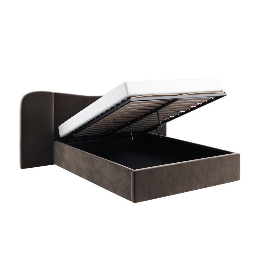 Brown Velvet King Size Ottoman Bed with Wide Curved Headboard - Samara