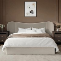 Beige Velvet Double Ottoman Bed with Curved Wide Headboard - Samara