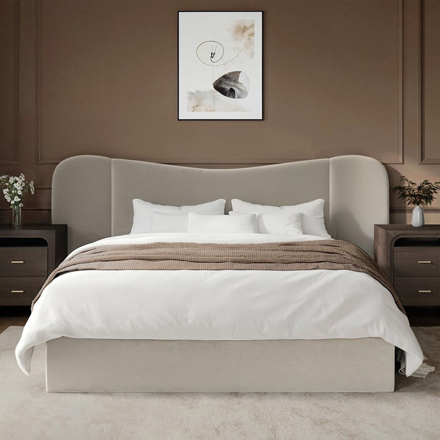 Beige Velvet Double Ottoman Bed with Curved Wide Headboard - Samara