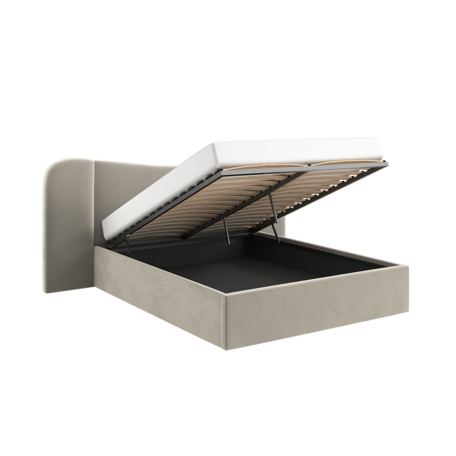 Beige Velvet Double Ottoman Bed with Curved Wide Headboard - Samara