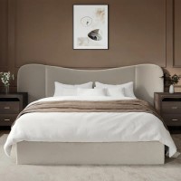Beige Velvet King Size Ottoman Bed with Curved Wide Headboard - Samara