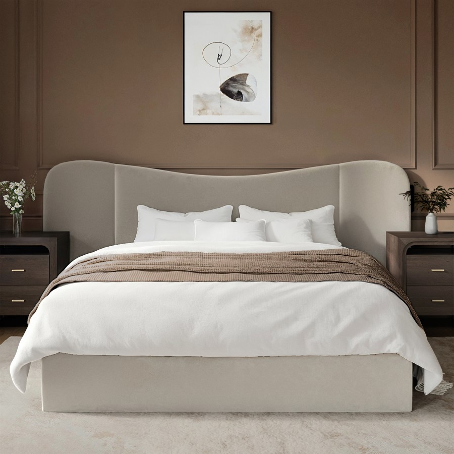 Beige Velvet King Size Ottoman Bed with Curved Wide Headboard - Samara