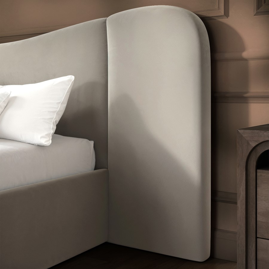 Beige Velvet King Size Ottoman Bed with Curved Wide Headboard - Samara
