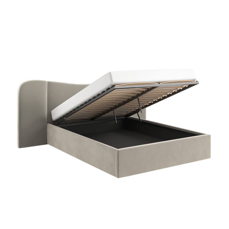 Beige Velvet King Size Ottoman Bed with Curved Wide Headboard - Samara