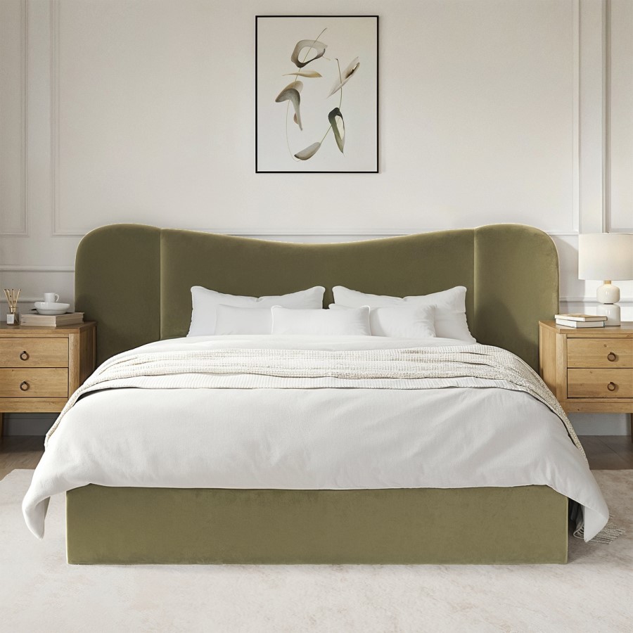 Moss Green Velvet Double Ottoman Bed with Wide Curved Headboard - Samara
