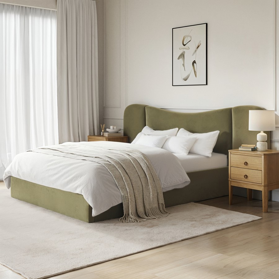 Moss Green Velvet Double Ottoman Bed with Wide Curved Headboard - Samara