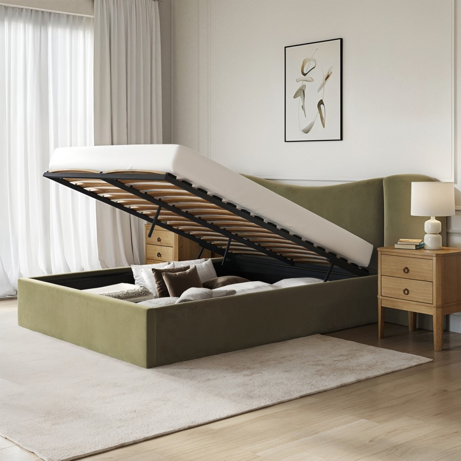 Moss Green Velvet Double Ottoman Bed with Wide Curved Headboard - Samara