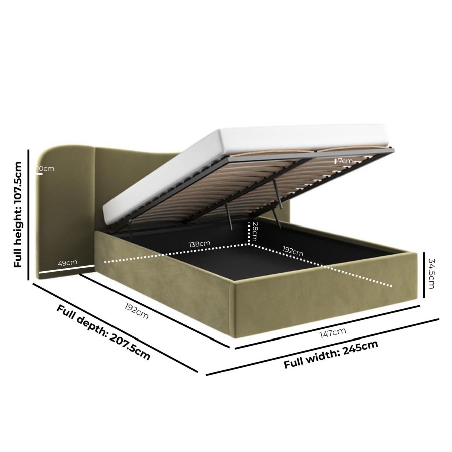 Moss Green Velvet Double Ottoman Bed with Wide Curved Headboard - Samara