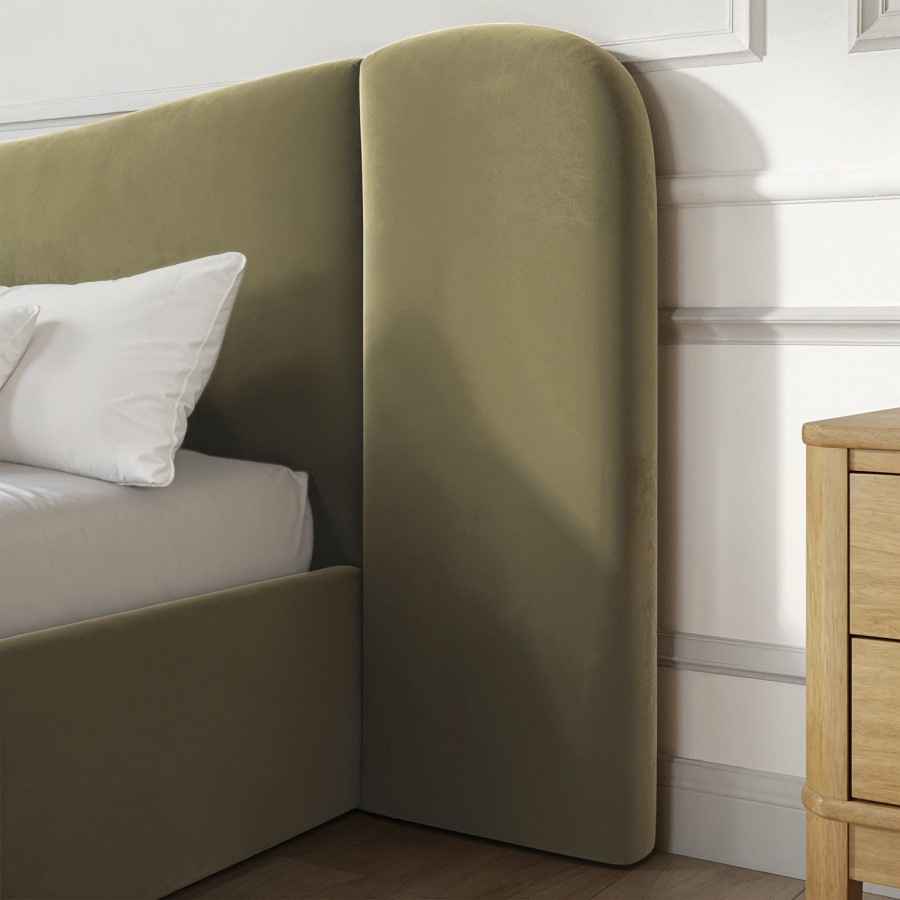 Moss Green Velvet Double Ottoman Bed with Wide Curved Headboard - Samara