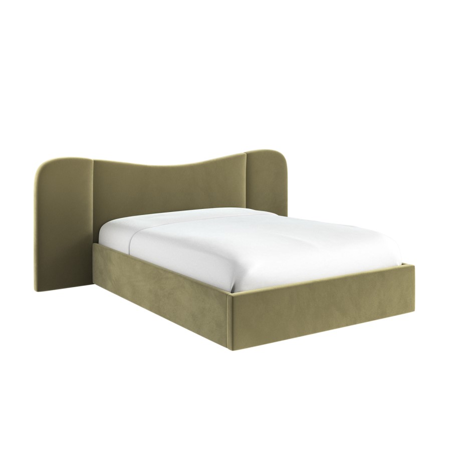 Moss Green Velvet Double Ottoman Bed with Wide Curved Headboard - Samara