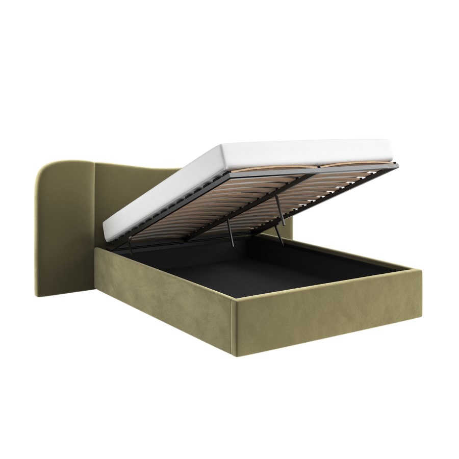 Moss Green Velvet Double Ottoman Bed with Wide Curved Headboard - Samara