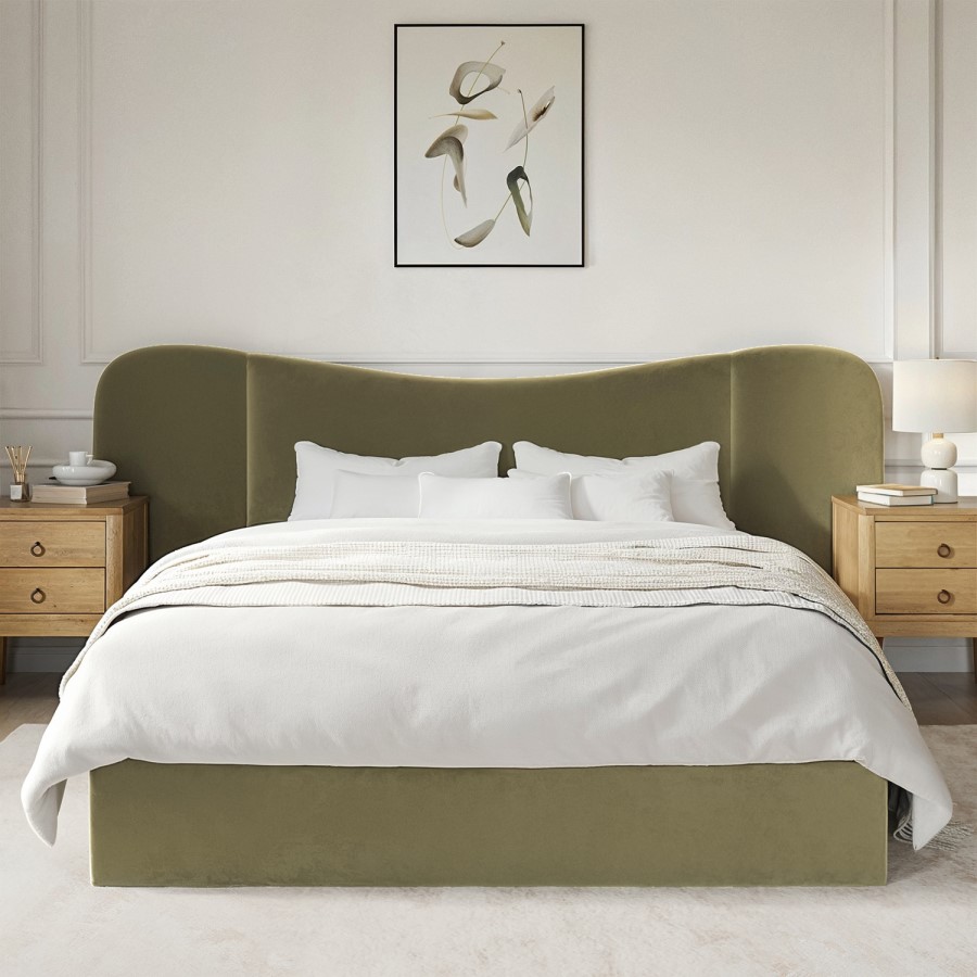 Moss Green Velvet King Size Ottoman Bed with Wide Curved Headboard - Samara