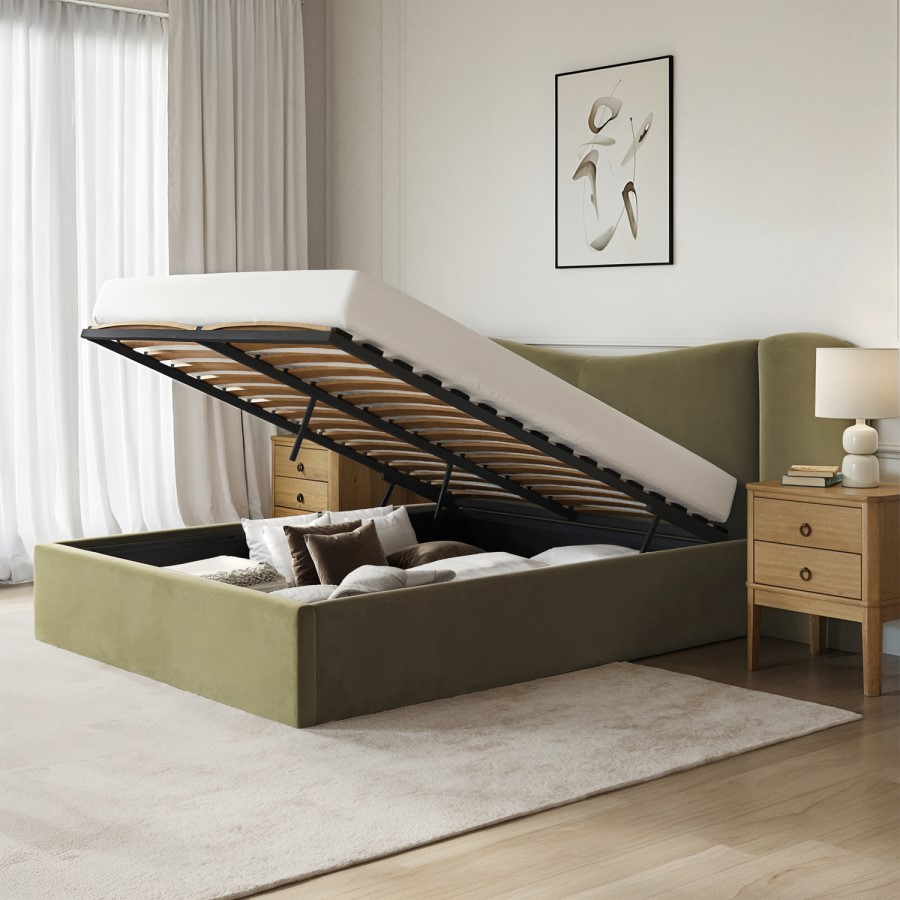 Moss Green Velvet King Size Ottoman Bed with Wide Curved Headboard - Samara