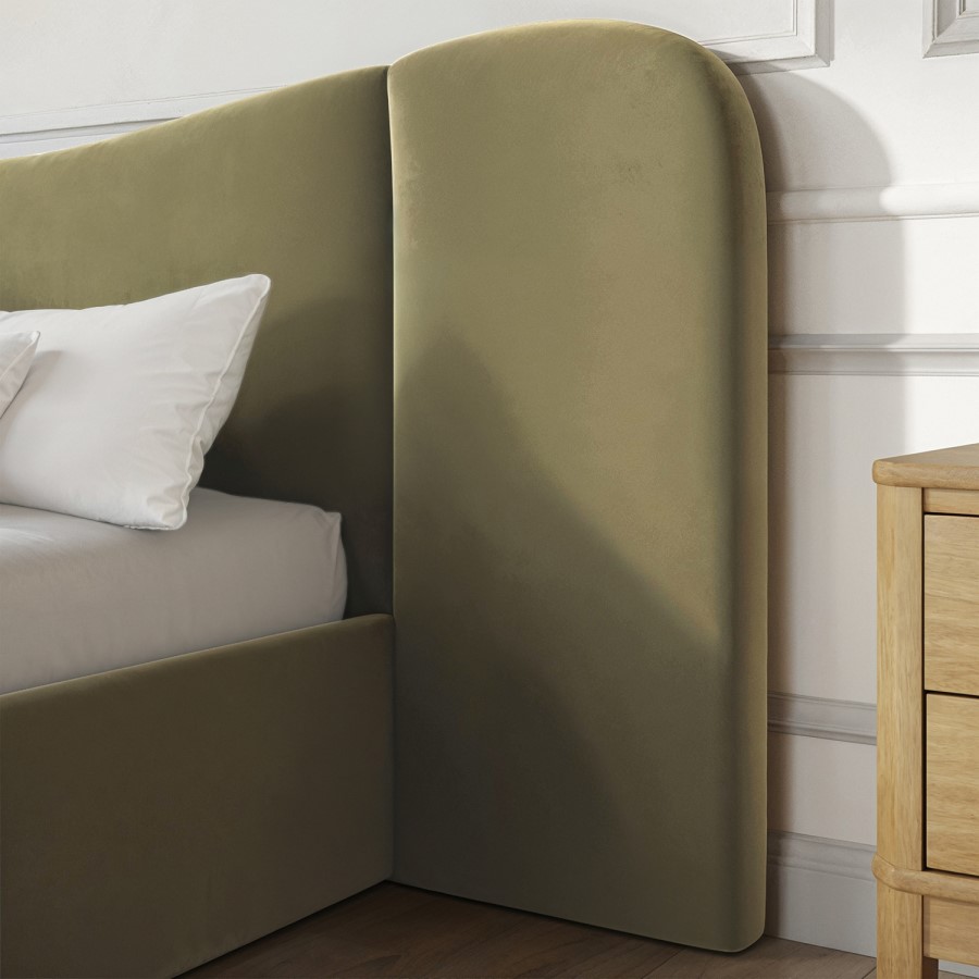 Moss Green Velvet King Size Ottoman Bed with Wide Curved Headboard - Samara