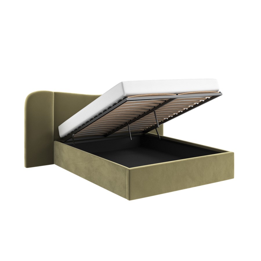 Moss Green Velvet King Size Ottoman Bed with Wide Curved Headboard - Samara