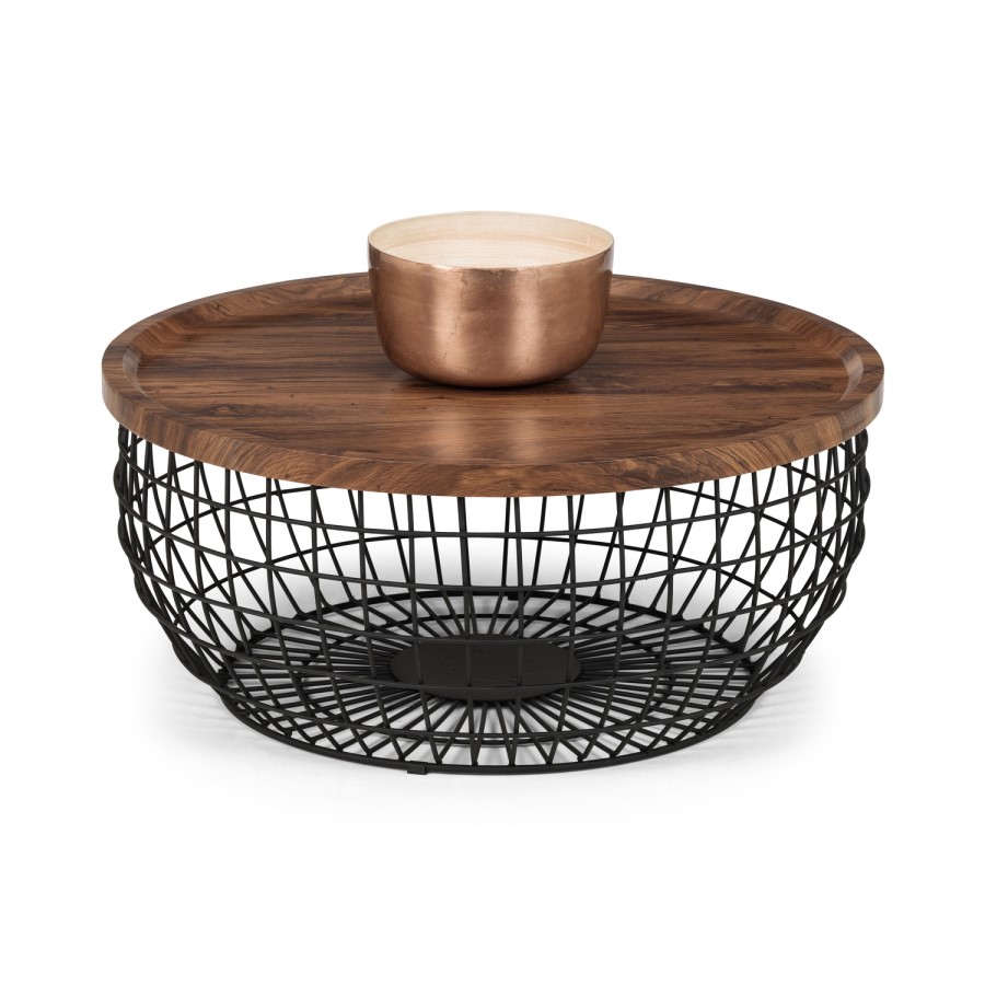 GRADE A1 - Small Round Walnut Ottoman Coffee Table with Metal Frame - Julian Bowen
