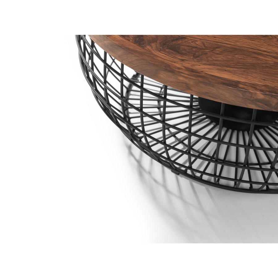 GRADE A1 - Small Round Walnut Ottoman Coffee Table with Metal Frame - Julian Bowen