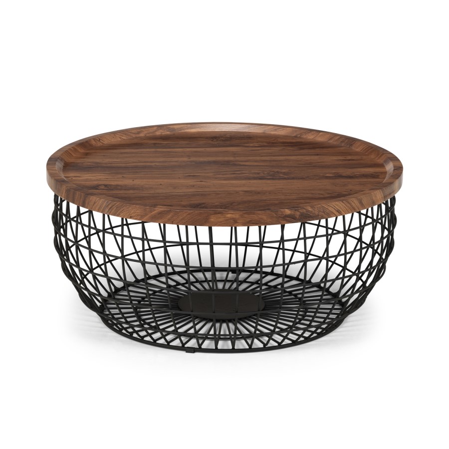 GRADE A1 - Small Round Walnut Ottoman Coffee Table with Metal Frame - Julian Bowen