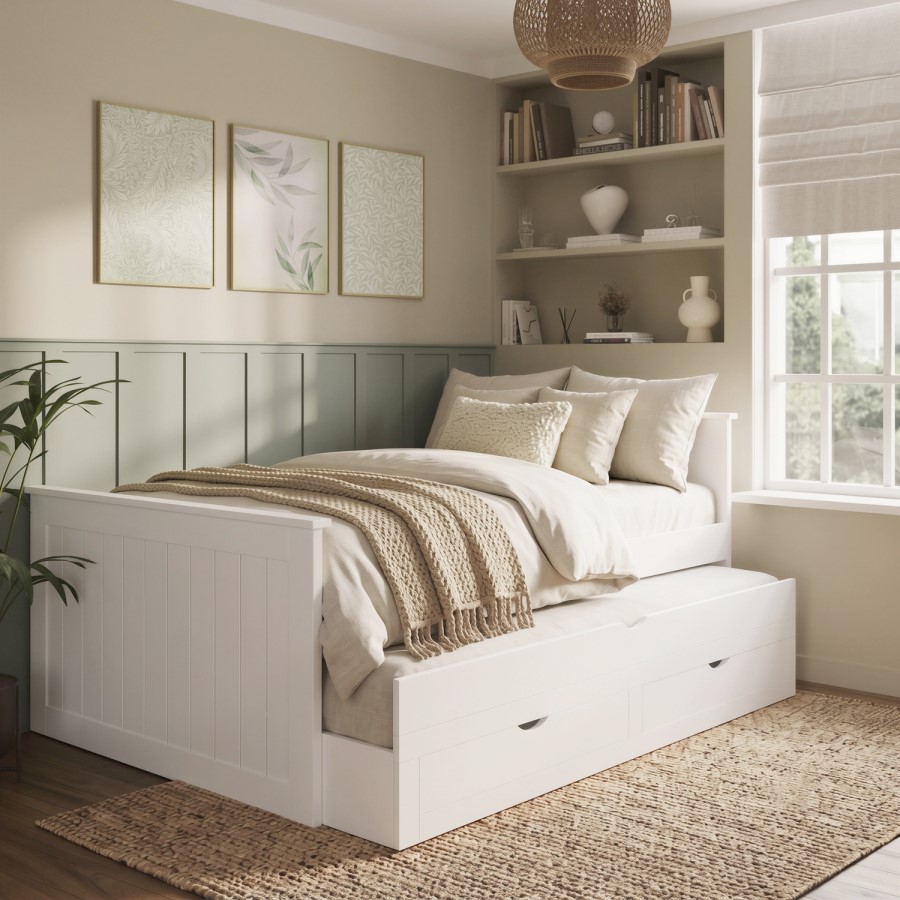 Small Double White Wooden Guest Bed with Storage and Trundle - Sander