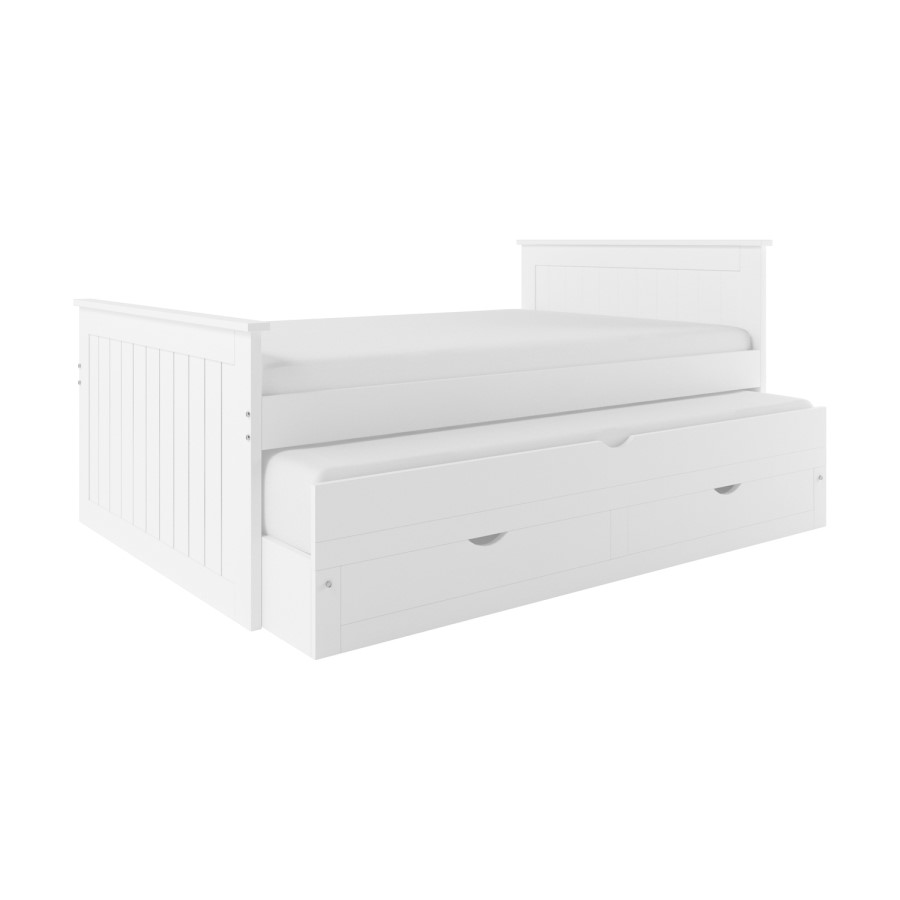 Small Double White Wooden Guest Bed with Storage and Trundle - Sander