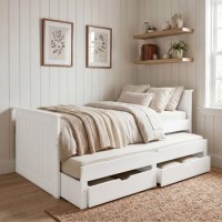 Single White Wooden Guest Bed with Storage and Trundle - Sander