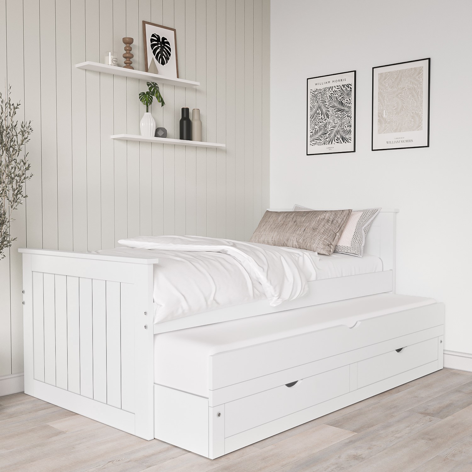 Photo of Single white wooden trundle bed with storage - sander