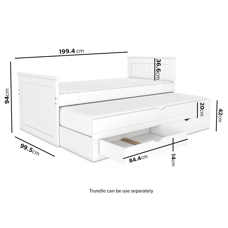 Single White Wooden Guest Bed with Storage and Trundle - Sander