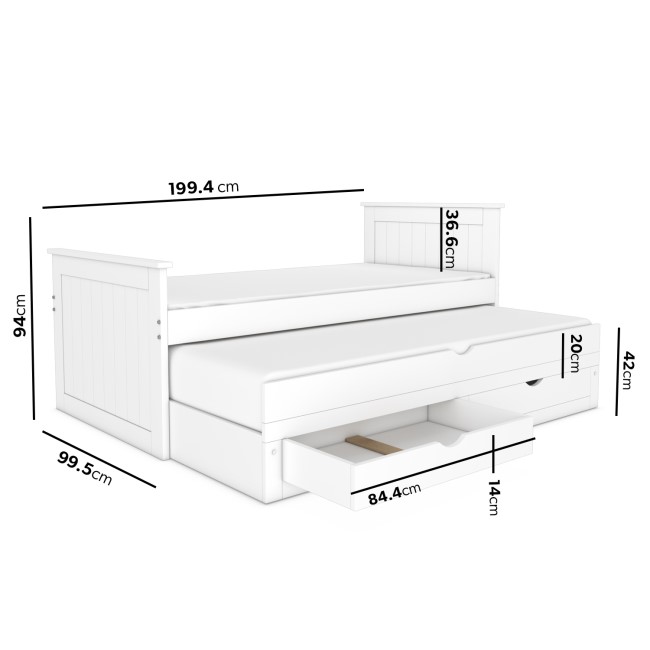 Single White Wooden Guest Bed with Storage and Trundle - Sander